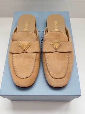 Prada Logo Loafer Mule in Ecru Beige Suede
